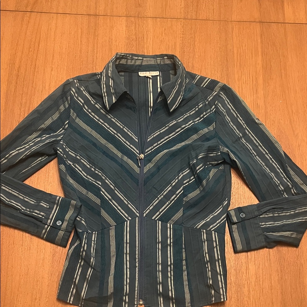 Fred David Teal and Silver thread Striped Top